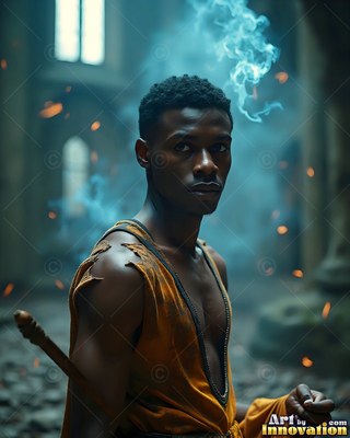 Turned sideways in a stone hall, a young man wears yellow robes with smoke in the air