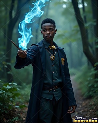 A youthful man in dark robes holds a wand making blue fire in a foggy forest