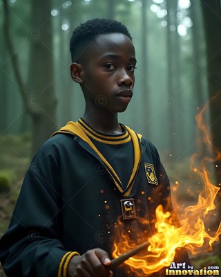 In a misty forest, a young Black man in yellow and black holds a burning wand