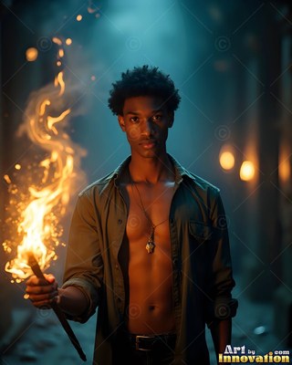 Holding a blazing torch, a young Black man stands in an open green shirt
