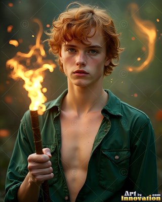Young red-haired man holds a lit torch in an unbuttoned green shirt