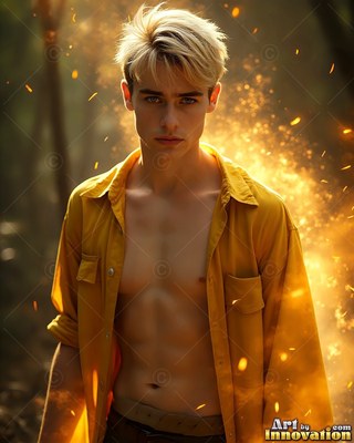 Wearing an open yellow shirt, a young fair-haired man stands in the woods by yellow sparks