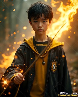 A young man holds a wooden wand that trails bright yellow fire into the dark woods