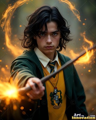 Facing forward outdoors, a young man points a wand making fiery light