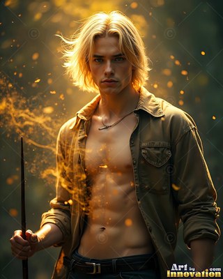 A yellow-haired man in an open shirt holds a wooden wand in the woods as sparks rise around him