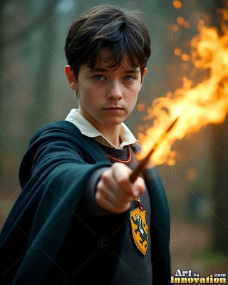 Pointing a wand with yellow fire, a youthful man in dark green robes stands outdoors