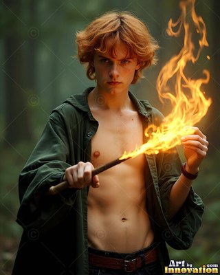 Younger man in an open green shirt holding a burning stick in the woods