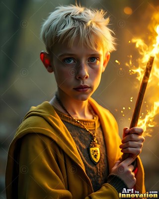 A young blond man in a yellow robe holds a burning wooden wand in a dark forest