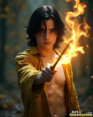 A dark-haired man points a wand sending bright orange flames into the forest