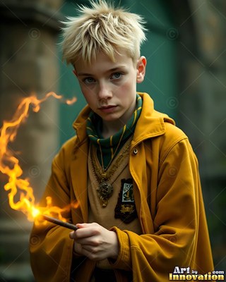 A young blond man in yellow robes holds a wand with fire trailing from it