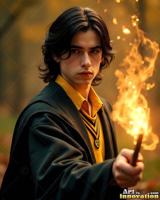 In a forest, a youthful man in dark robes points a wand that shoots bright flames