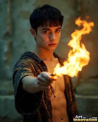 Holding out a wand of flame, a young man poses in an open patterned robe
