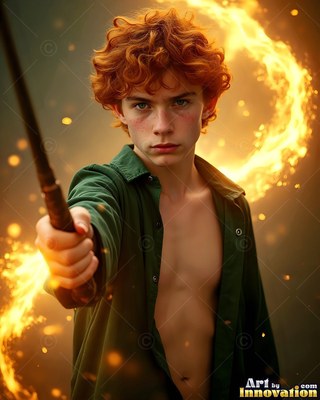 Young man with curly red hair points a wand with fire around him