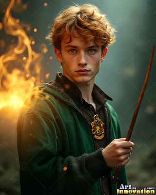 Wearing a dark green robe, a man carries a thin wand as yellow fire flares beside him in the dim woods