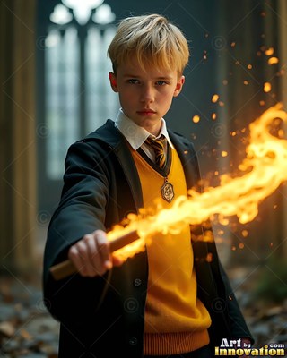 A young blond man points a wooden wand that shoots bright orange fire
