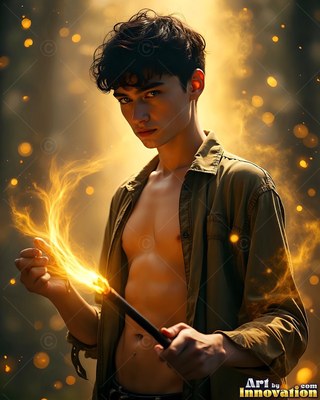 Turned three-quarters in a dark hall, a man grips a burning wand