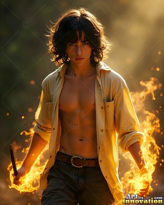 A young man stands outside in an unbuttoned tan shirt with fire on his hands