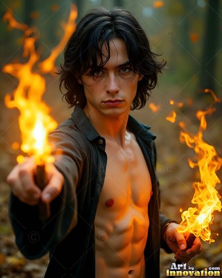 In an autumn forest, an unbuttoned man carries two torches burning bright orange fire