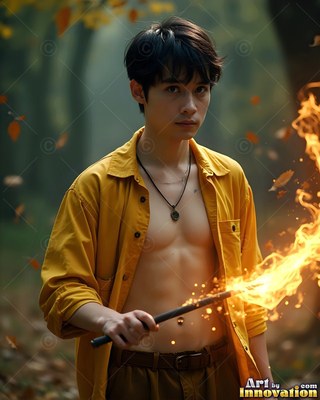 Holding a flaming wand, a young man wears an open yellow shirt in the woods