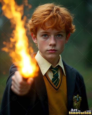 Young red-haired man points a burning wand forward