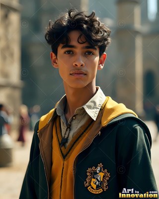 A youthful man stands outside wearing a dark green jacket trimmed in warm yellow