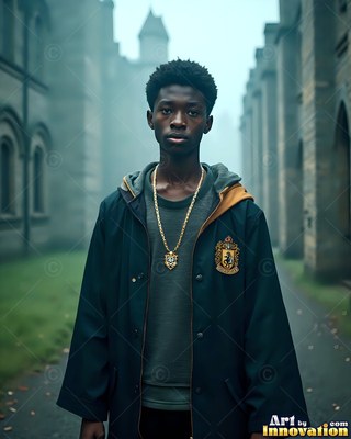 Facing forward in a foggy courtyard, a man in his youth wears a dark robe and gold chain