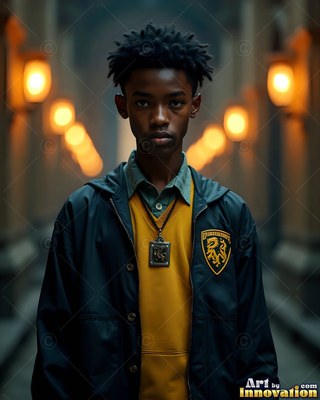 A young Black man in a dark jacket and yellow sweater stands in a dim hallway