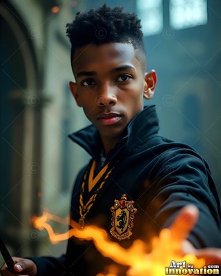 In a stone hall, a young Black man in black robes casts orange sparks
