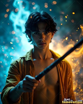 Holding a dark wand, a youthful man stands in an open shirt between blue and warm sparks