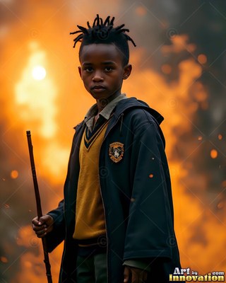 Young man in a black robe holding a wand before orange light