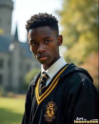 A yellow-striped tie wears on a young Black man standing outside a stone school yard