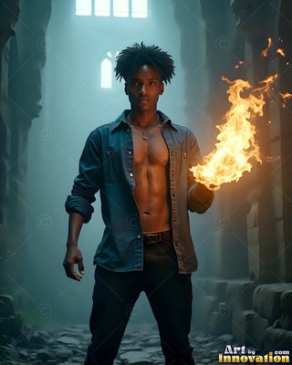 A younger man clasps bright yellow fire in his hand within a cool blue stone hall
