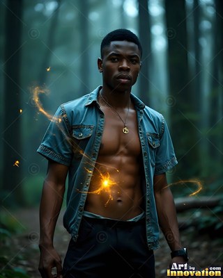 Standing forward in a dim forest, a man in an open blue shirt gathers golden sparks