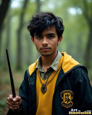 A younger man in a yellow and black robe holds a dark wand in a foggy woods