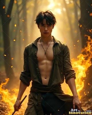 In a misty forest, a youthful man carries a wand as fire rises around him