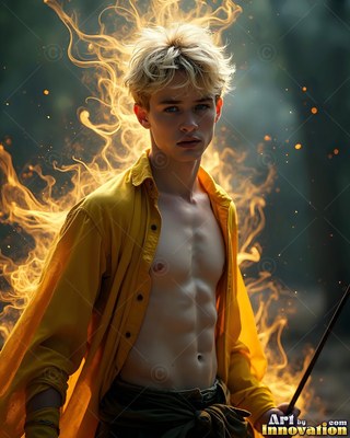 Holding a wand, a young blond-haired man stands in an open yellow shirt before curling fire
