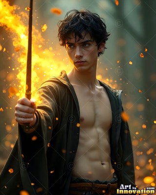 Young shirtless man holding a wand with bright sparks in a forest