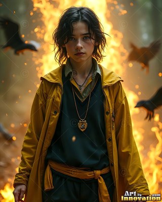 Wearing an open yellow coat, a young man stands calmly before a wall of orange fire