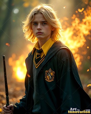 A young blond man grips a wand in front of bright yellow flames in the woods