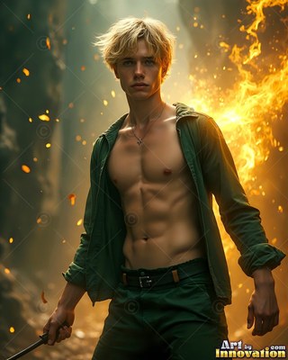 Standing shirtless in green clothes, a man with blond hair faces fiery light in a cave