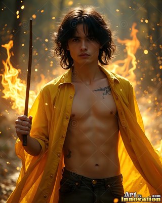 A man with an open yellow shirt holds a wooden wand in front of fire