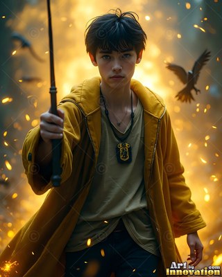 In a bright burst of sparks, a man in a yellow robe raises his wand