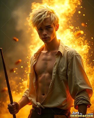Blond young man with an open shirt holds a wooden staff by yellow fire