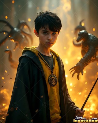 Wearing a yellow tunic and black robe, a man carries a wand in a fiery room
