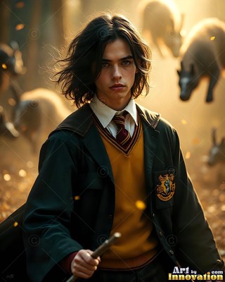 A youthful man holding a wand walks through woods surrounded by badgers in warm yellow light