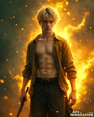 A man with blond hair stands in an open brown shirt with bright yellow fire behind him