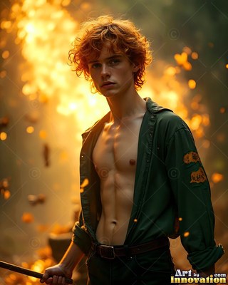 Standing in bright yellow firelight, a young man wears an open green shirt