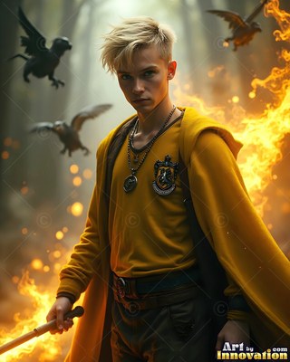 Yellow robes on a young man with blond hair holding a wand in a smoky forest with small flying beasts