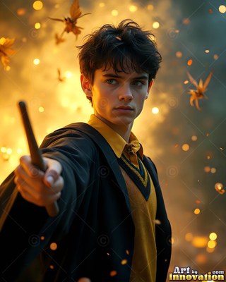 A man in his youth points a wooden wand forward in front of a warm golden background