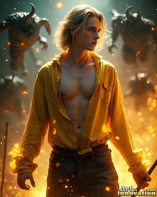 Standing facing forward, a yellow-haired man in an open yellow shirt holds a wand by horned beasts